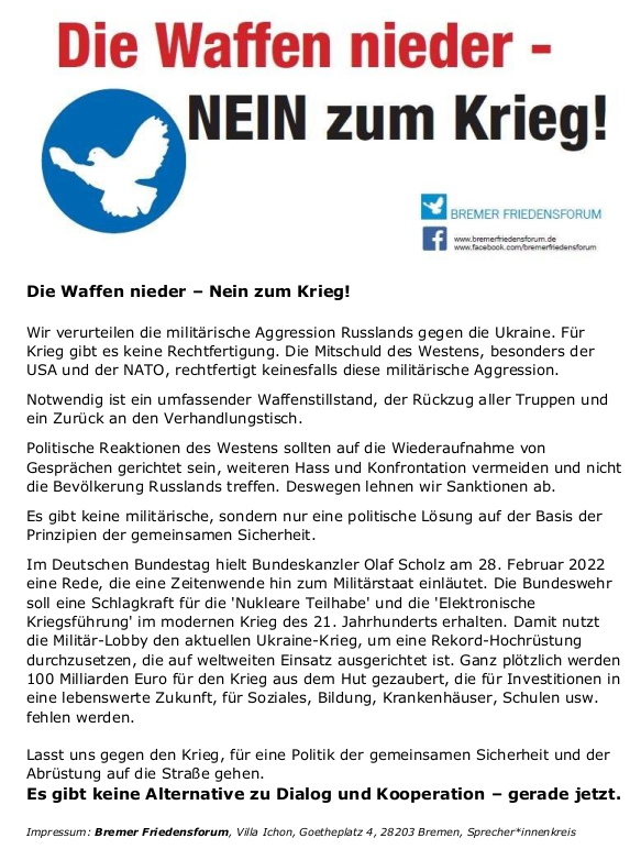 Gegen Krieg und Aufrüstung Flyer Bremer Friedensforum 03.03.2022