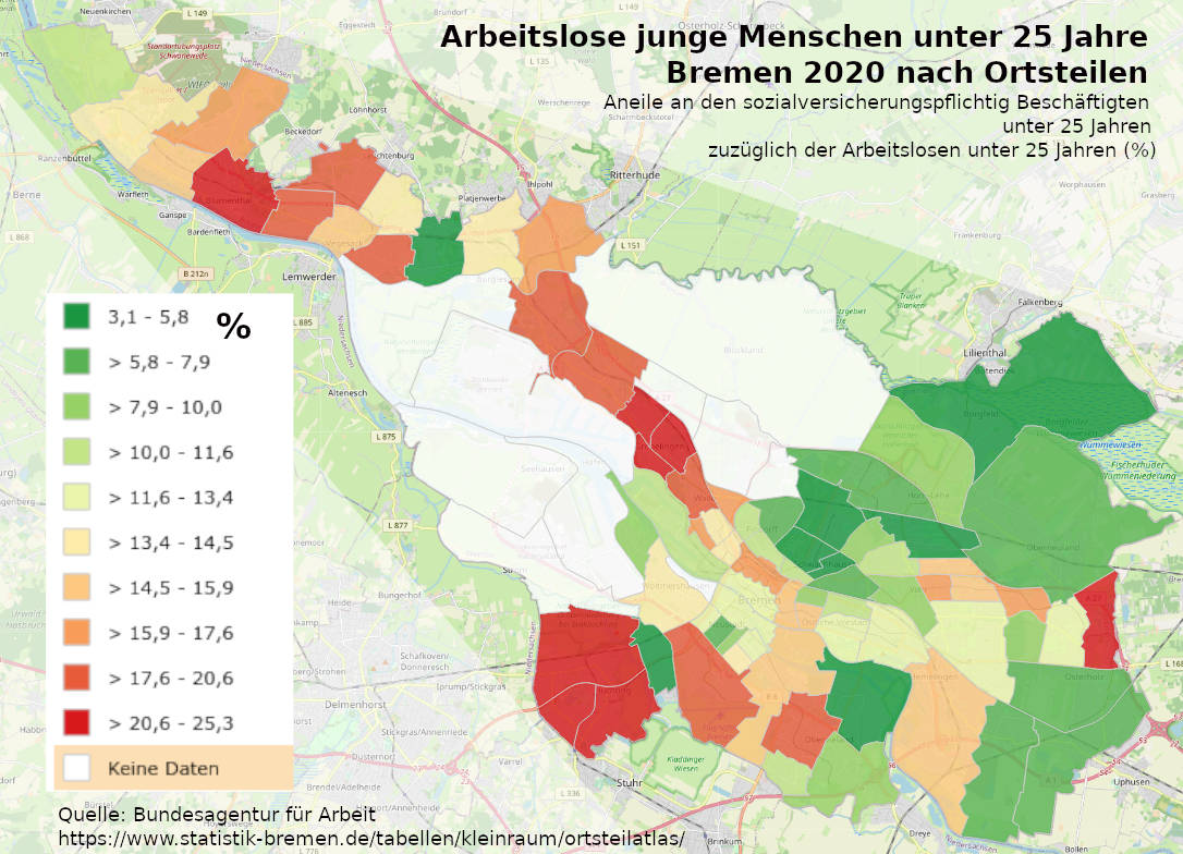 ARbeitslose unter 25 Jahre Bremen 2020 nach Ortsteilen