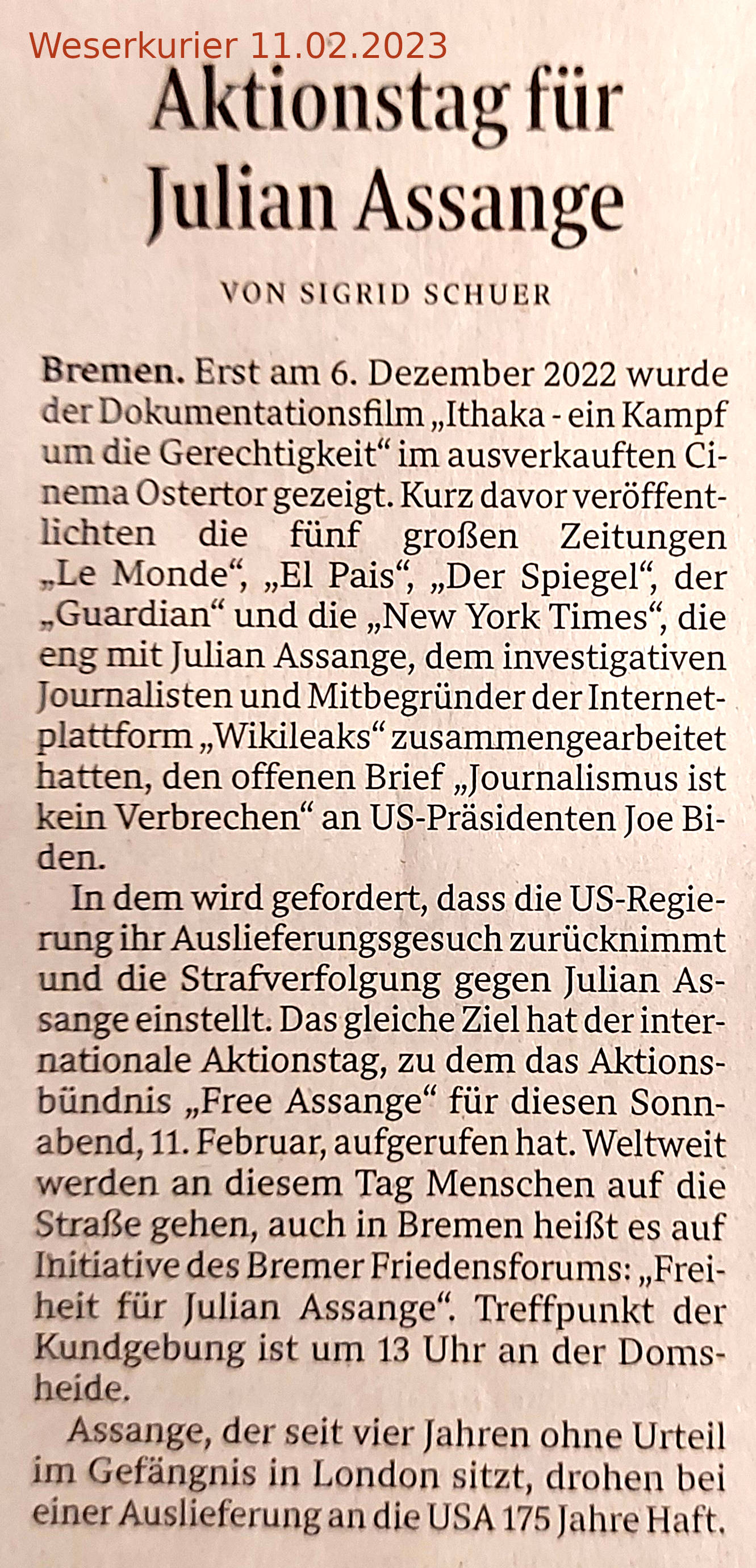 Assange Aktionstag 11.02.2023 Weserkurier 2