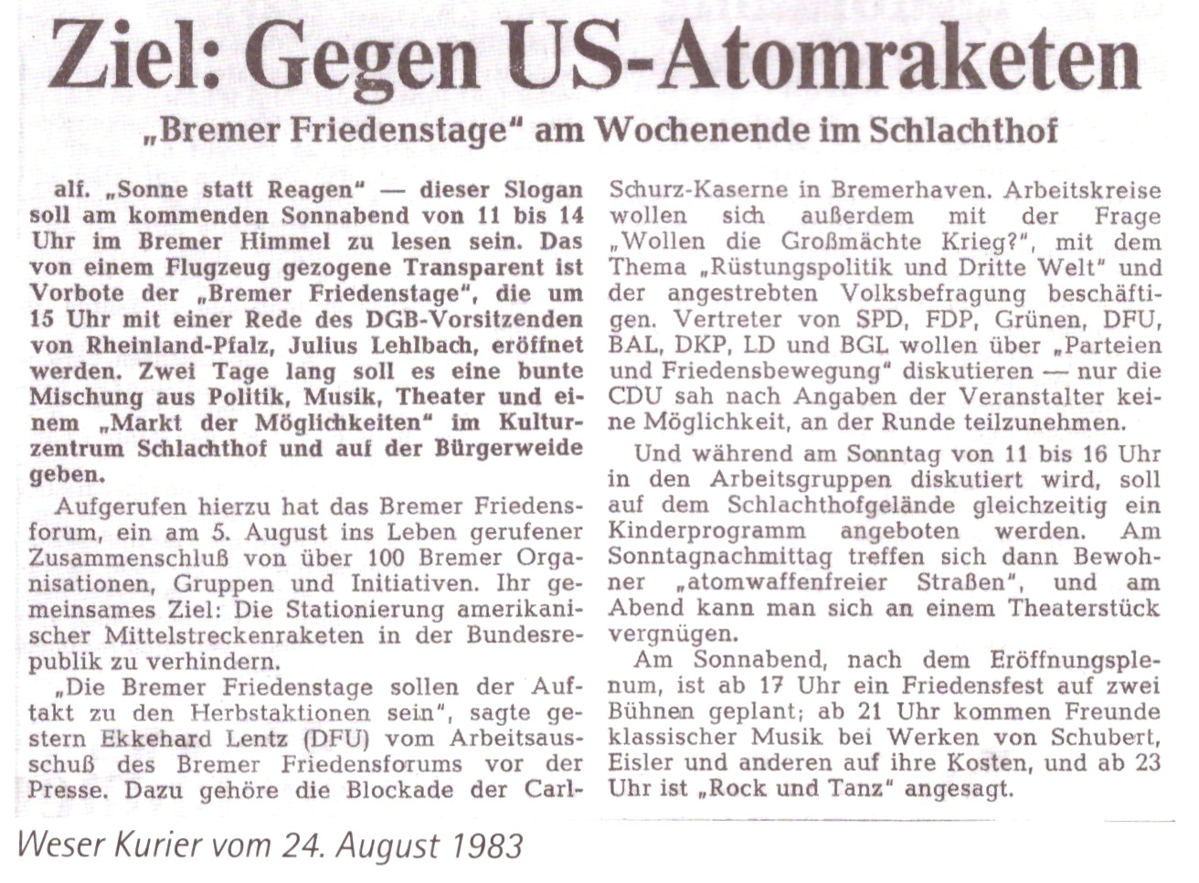 Gruendung Friedensforum 1983 Weserkurier