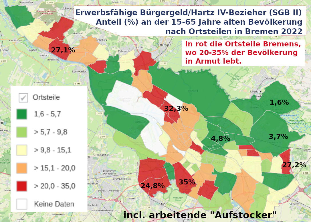 Hartz IV Bürgergeld Bezieher erwerbsfähig nach Ortsteilen 2022 Bremen