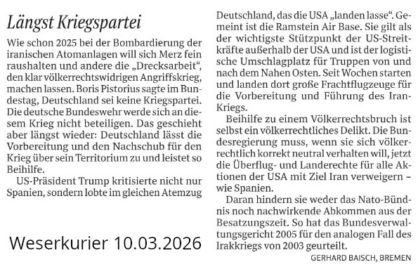Leserbrief Gerhard Baisch Iran 10 03 2026